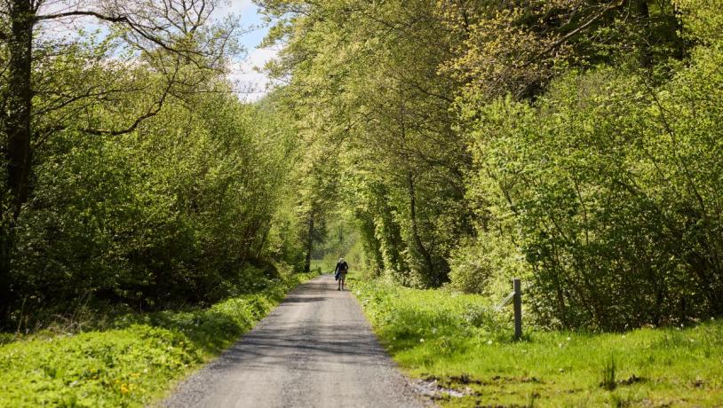 Eine Person geht an einem Frühlingstag entlang des Hærvejen in der Nähe von Ravningbroen