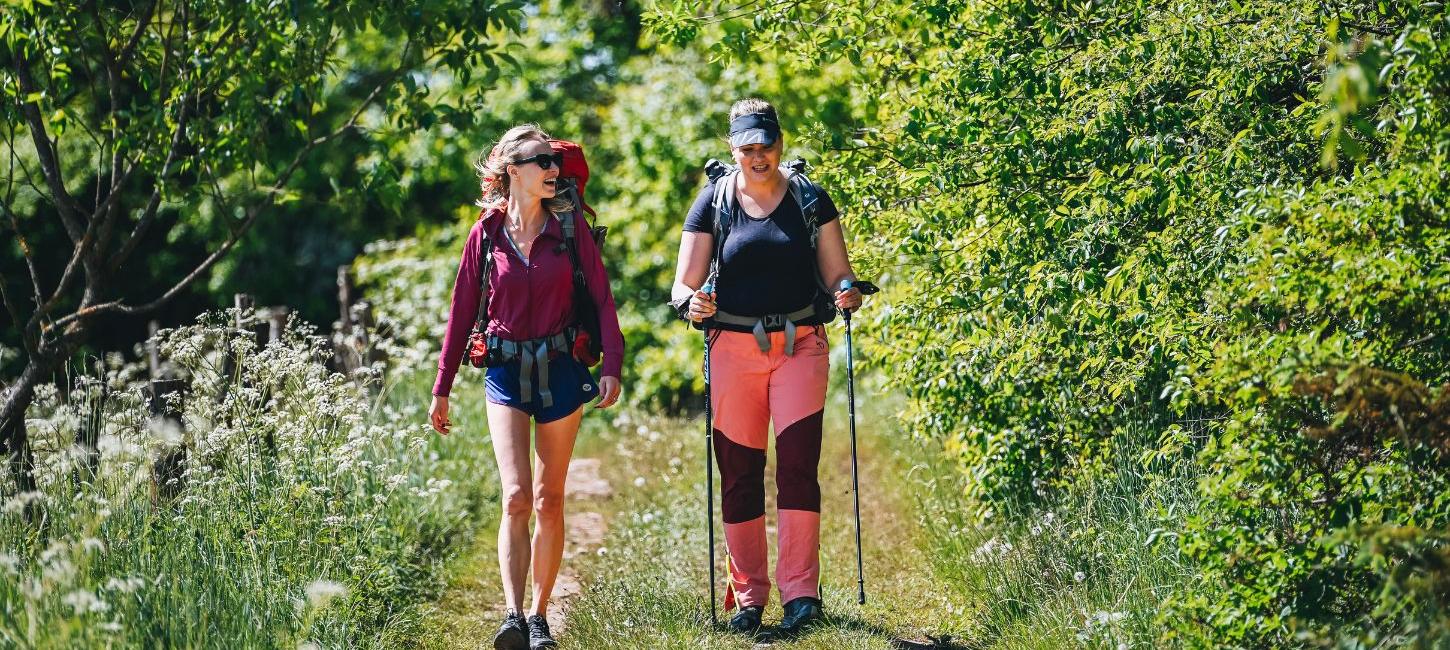 Zwei Personen machen im Sommer einen Wanderurlaub entlang des Hærvejen