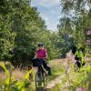 Radfahrer auf dem Hærvejen an der Quelle des Gudenåen mit Blumen im Vordergrund